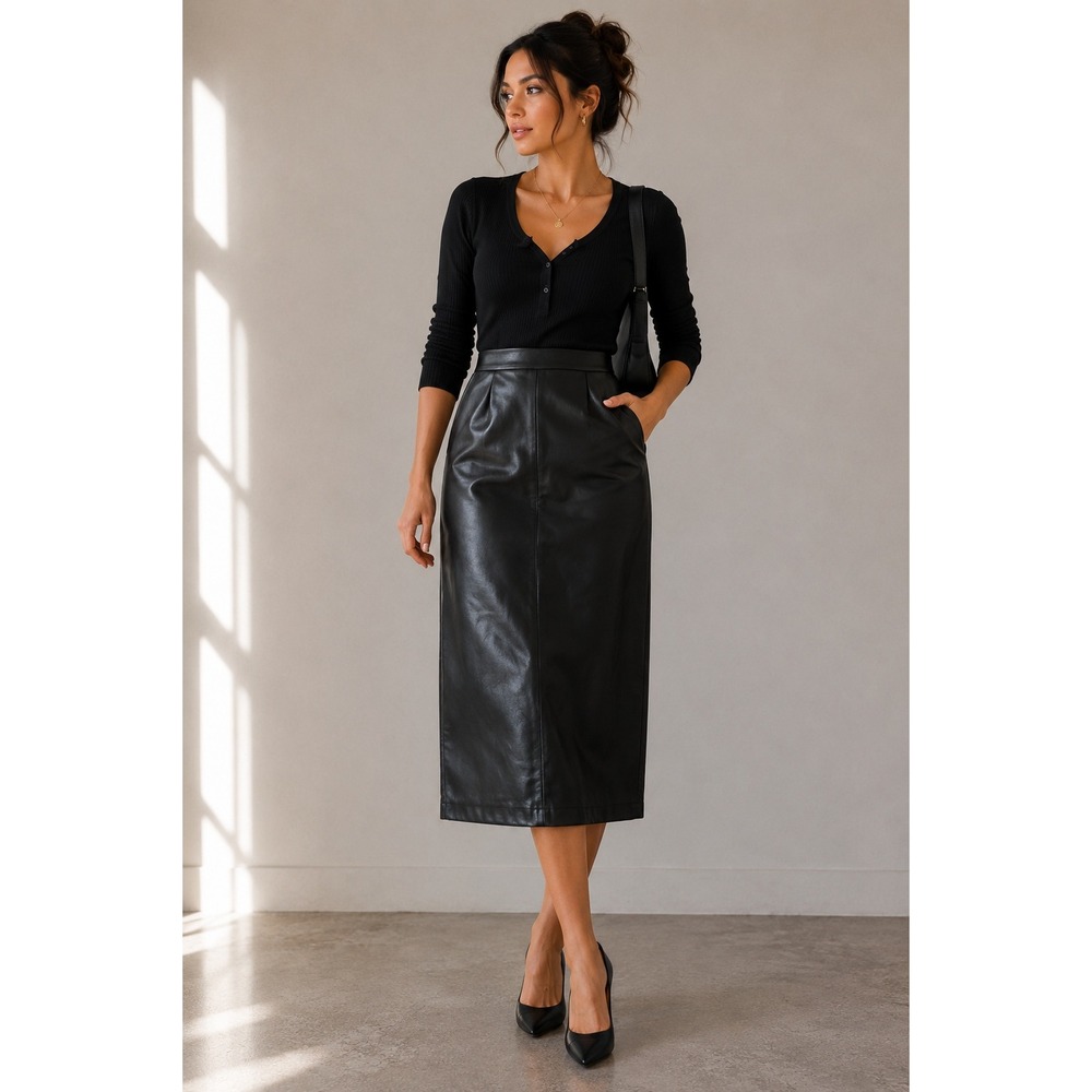 Arula Hannahs Faux Leather Midi Skirt Corporate Goth Minimalist Black 1X